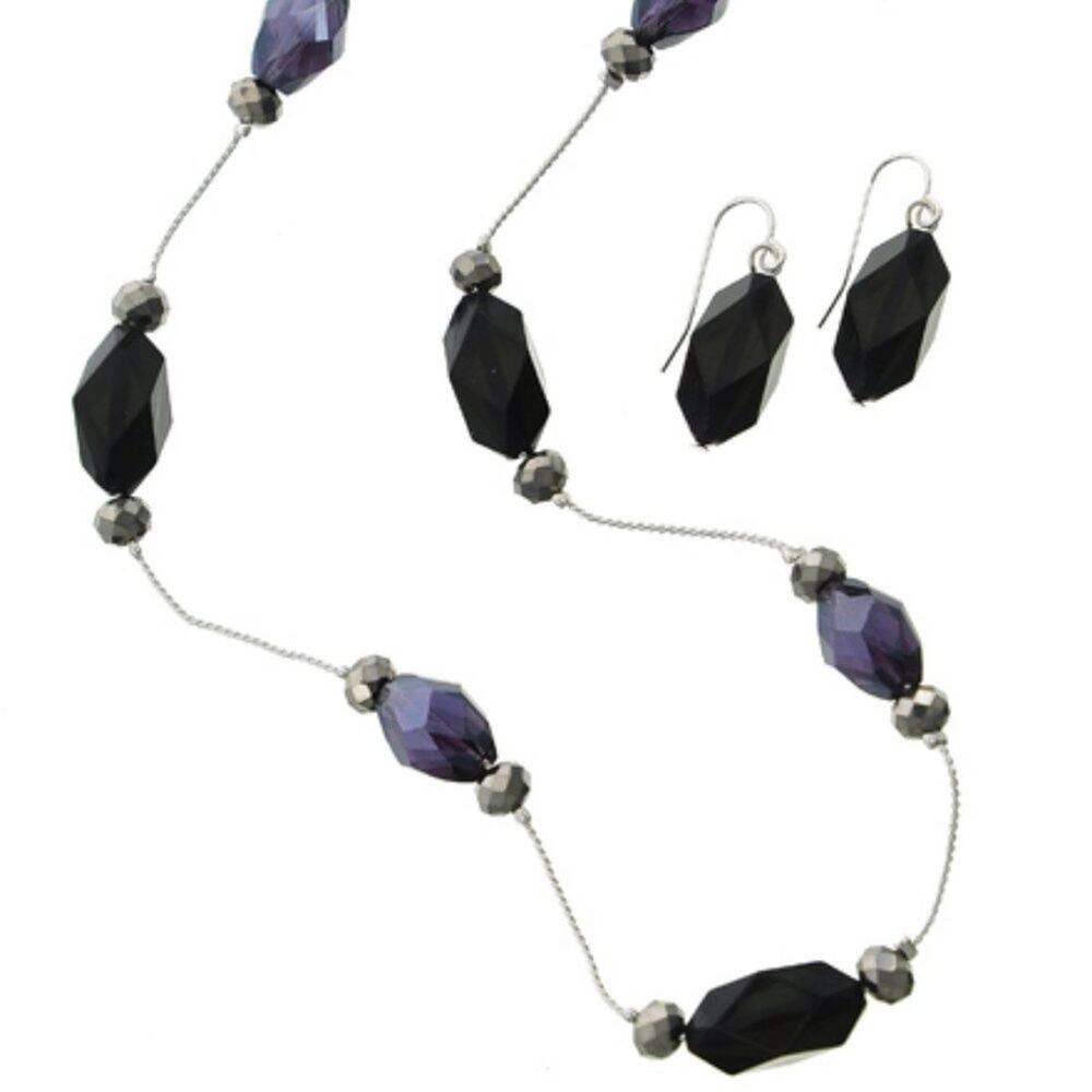 Silver Tone Black Hematite Glass Necklace & Earring Set